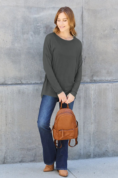 Army green Basic Bae full-size round neck dropped shoulder T-shirt by Trendsi, casual fit, soft fabric, and relaxed style.
