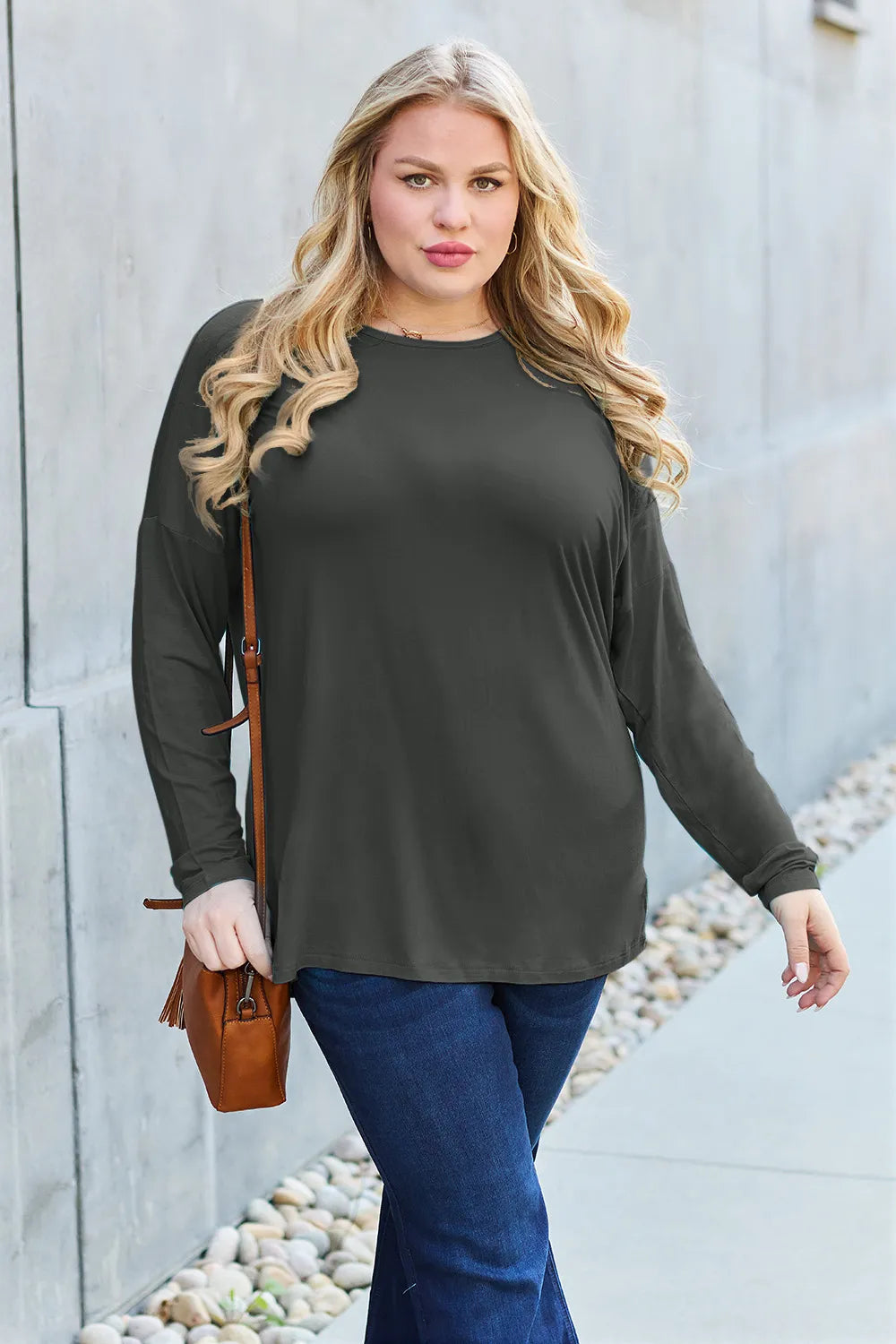 Army green Basic Bae full-size round neck dropped shoulder T-shirt by Trendsi, showing the relaxed fit and casual style.