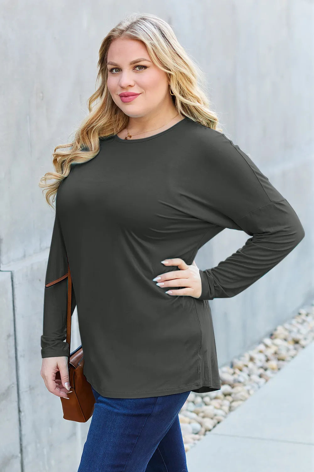 Army green Basic Bae full-size round neck dropped shoulder T-shirt by Trendsi, shown laid flat with soft fabric detail.