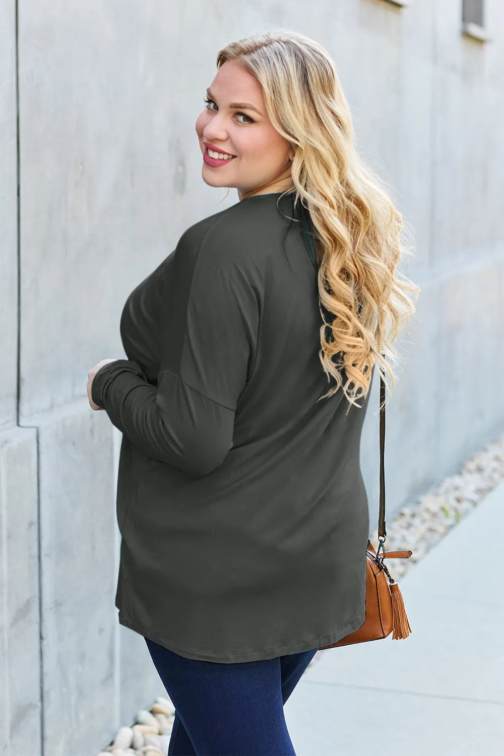 Army green Basic Bae full-size round neck dropped shoulder T-shirt by Trendsi, casual fit with relaxed shoulder design.