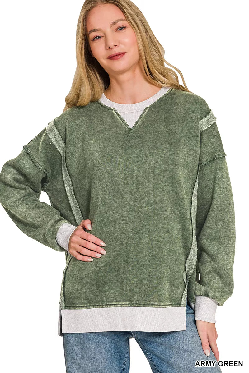 Army green Zenana fleece acid-washed sweatshirt with contrast trim, featuring a cozy, relaxed fit and casual style.