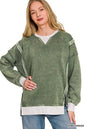 Army green Zenana fleece acid-washed sweatshirt with contrast trim, featuring a cozy, relaxed fit and casual style.
