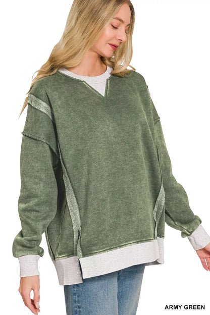 Army green Zenana fleece acid-washed sweatshirt with contrast trim, featuring a cozy, casual design and relaxed fit.