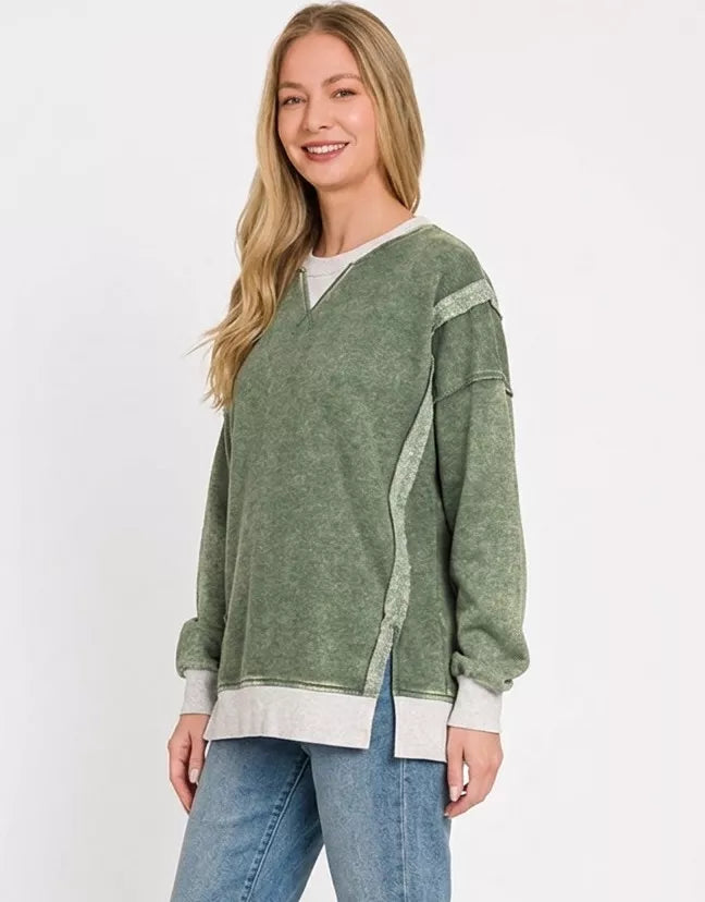 Army green Zenana fleece acid washed sweatshirt with contrast trim, casual long-sleeve sweatshirt for women.