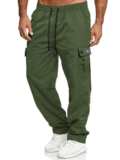 Men's army green full size cargo pants with drawstring waist, plus size, by Trendsi, featuring multiple pockets and comfortable fit.