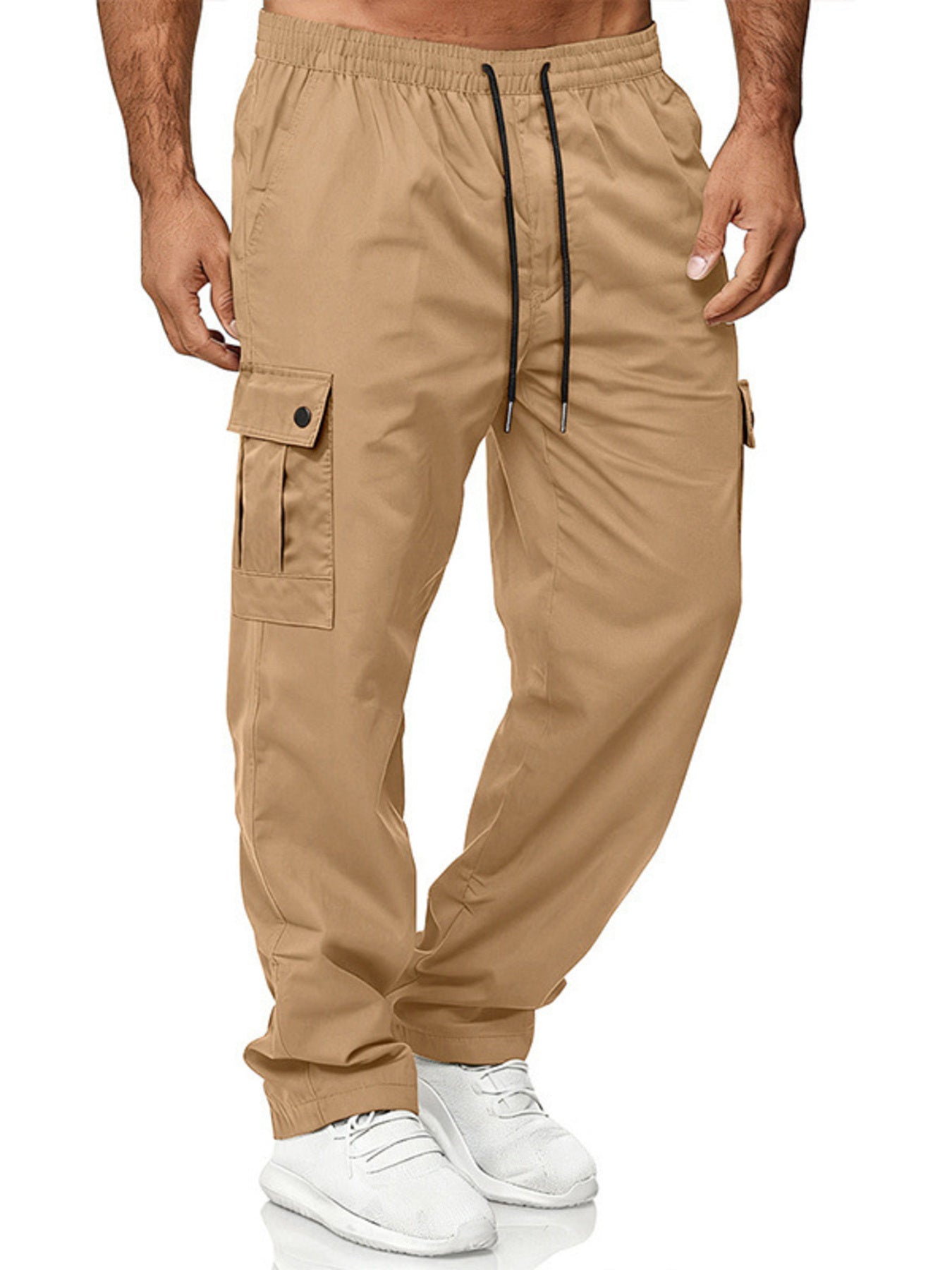 Army green men's full size cargo pants with drawstring waist, plus size, by Trendsi, shown with pockets and relaxed fit.