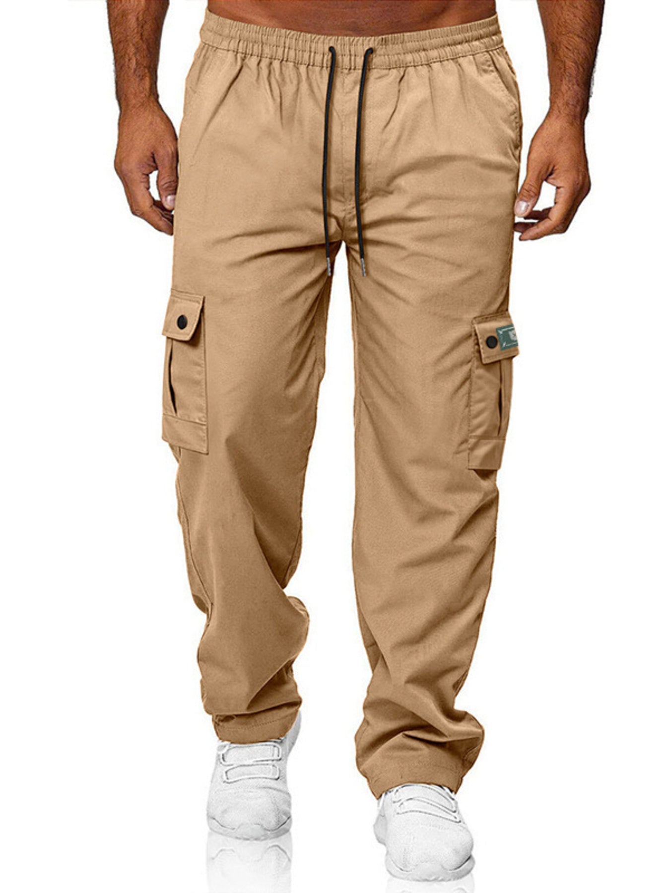 Army green men's full-size cargo pants with drawstring waist, plus size, by Trendsi, shown on a model.