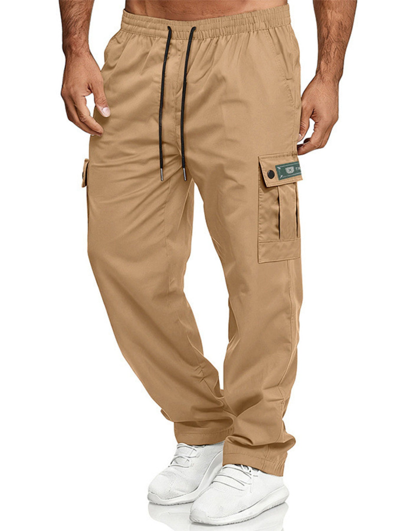 Men's army green full size cargo pants with drawstring waist, plus size, casual fit, by Trendsi.