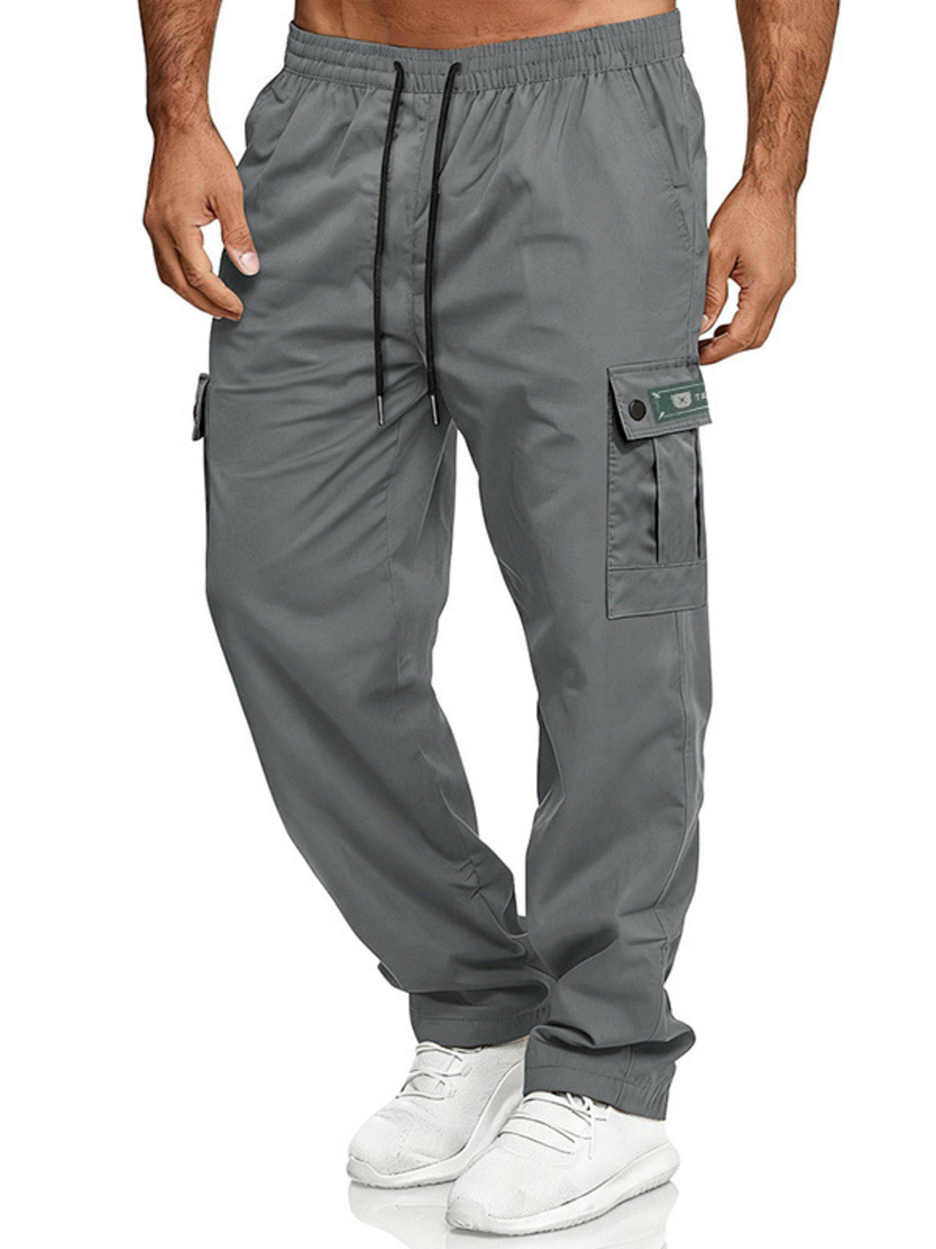 Men's army green full size cargo pants with drawstring waist, plus size, from Trendsi, featuring multiple pockets and comfortable fit.