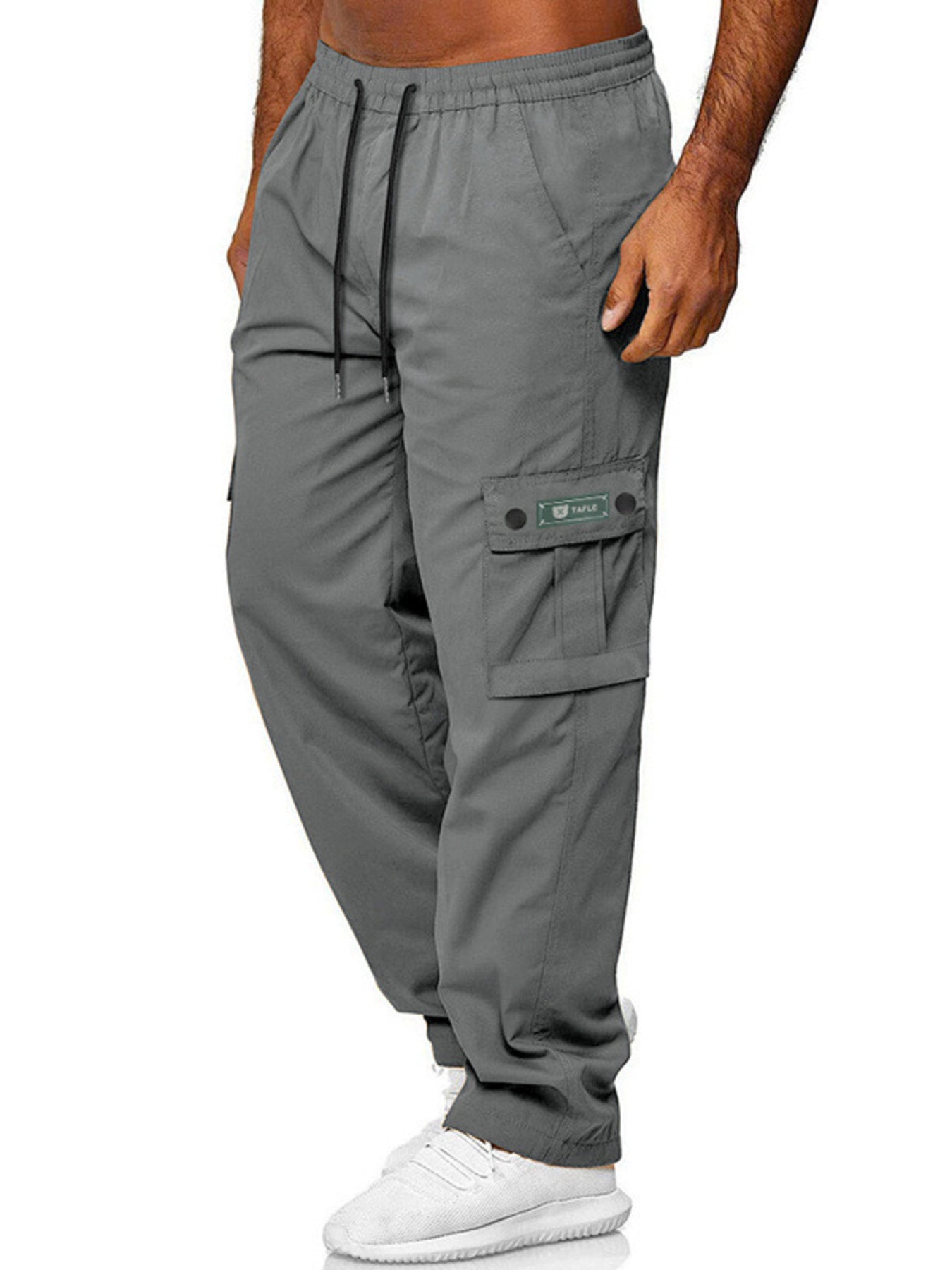 Army green men's full size cargo pants with drawstring waist, plus size, featuring multiple pockets and comfortable fit.