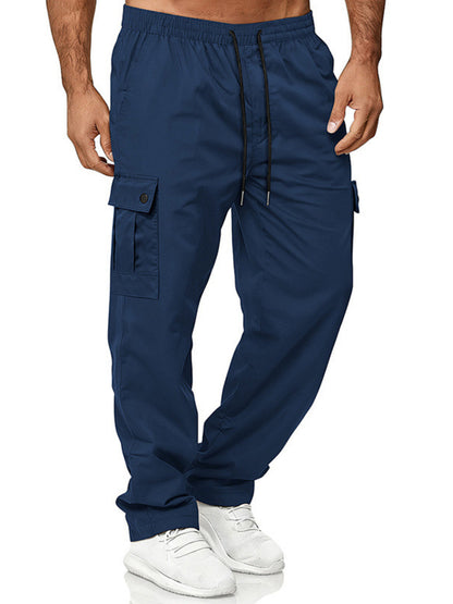 Army green men's full-size cargo pants with drawstring waist, plus size, featuring multiple pockets and comfortable fit.