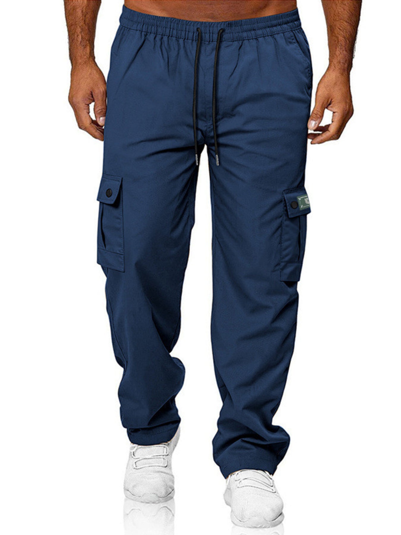 Men's full size cargo pants with drawstring waist in army green, plus size, by Trendsi, shown with relaxed fit and functional pockets.