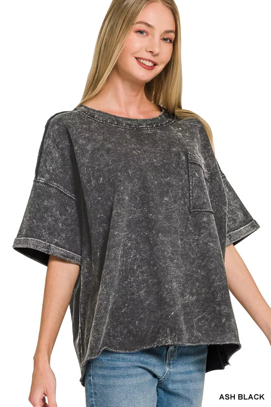 Ash black Zenana French Terry acid washed T-shirt with exposed seams, casual and comfortable for everyday wear.