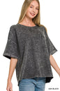 Ash black Zenana French Terry acid washed T-shirt with exposed seams, casual and comfortable for everyday wear.
