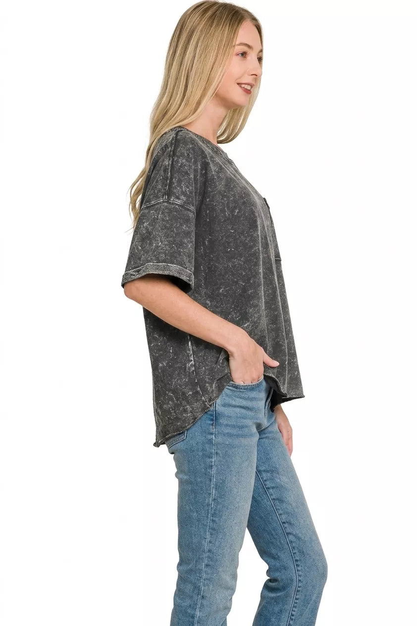 Ash black Zenana French Terry acid washed T-shirt with exposed seams, casual and comfortable for everyday wear.