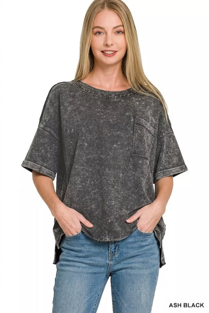 Black Zenana French Terry acid washed T-shirt with exposed seams, featuring a casual, distressed look and comfortable fit.
