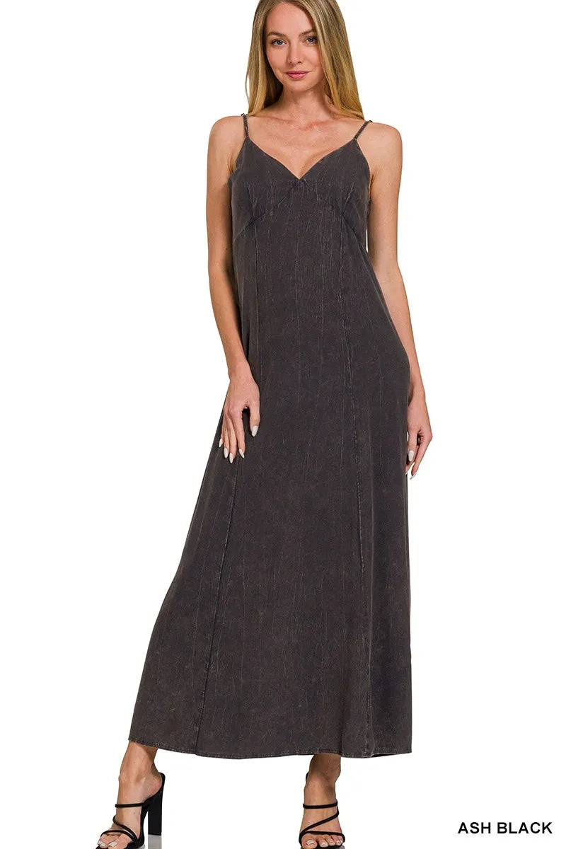 Ash black Zenana Mineral Washed Rayon Challis Cami Dress, sleeveless with a relaxed fit, displayed on a hanger.