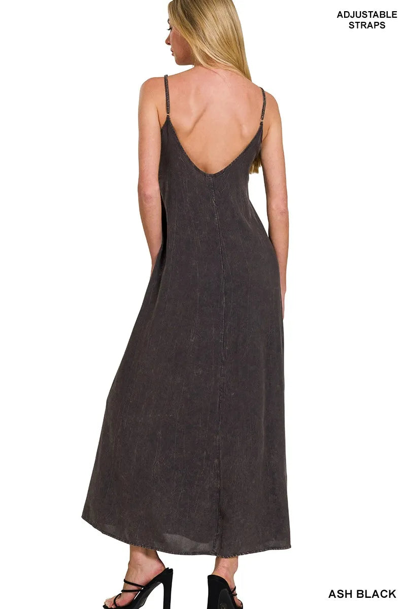 Ash black Zenana Mineral Washed Rayon Challis Cami Dress with spaghetti straps, lightweight fabric, and relaxed fit.