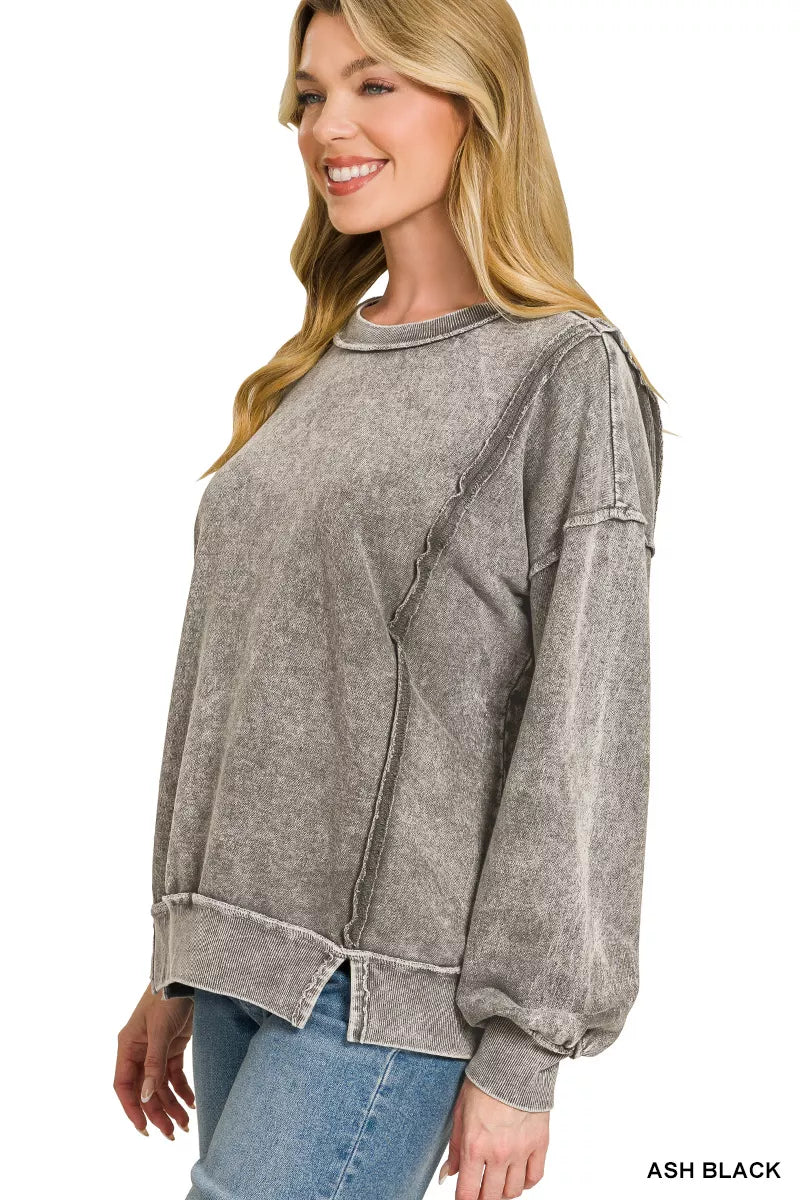 Ash black Zenana snow washed fleece sweatshirt with exposed seams, casual fit, and cozy terry fabric.