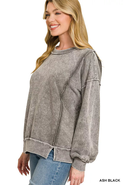 Ash black Zenana snow washed fleece sweatshirt with exposed seams, casual fit, and cozy terry fabric.