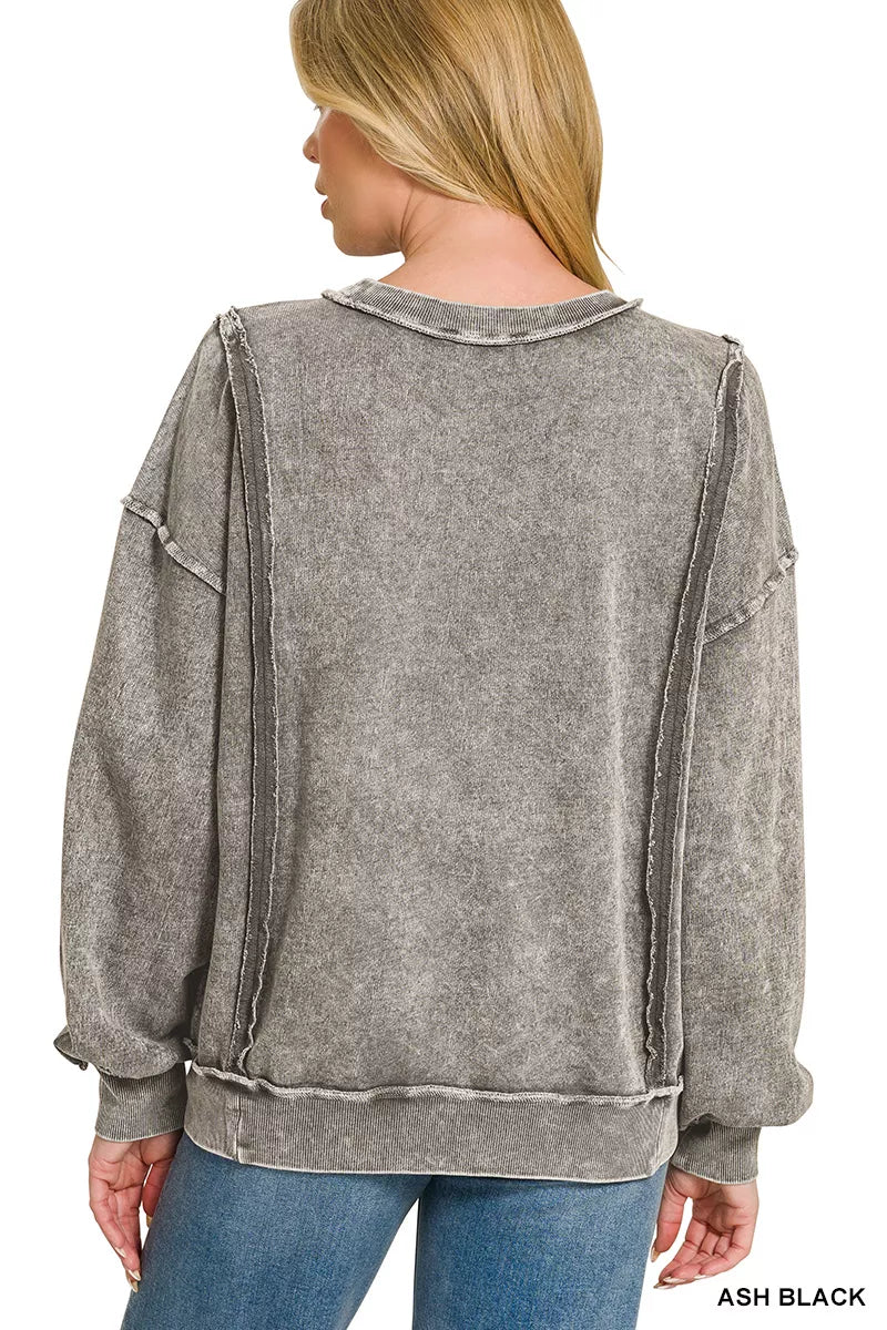 Ash black Zenana snow washed fleece sweatshirt with exposed seams, long sleeves, and a relaxed fit.