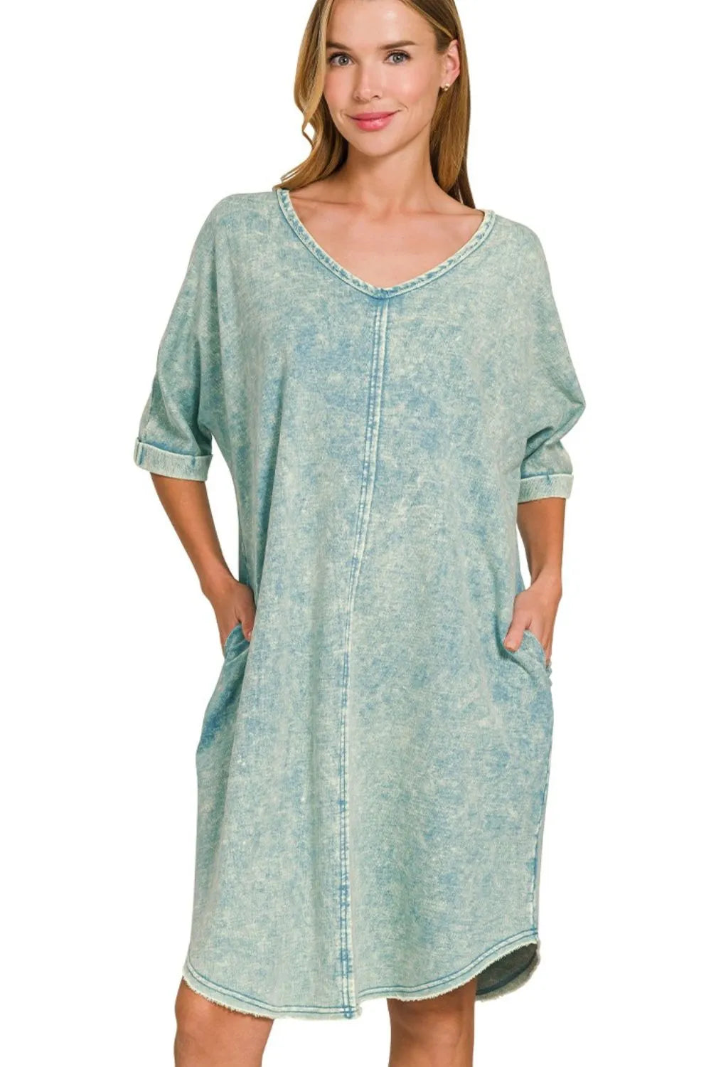 Zenana acid-washed French terry T-shirt dress in ash blue, with a relaxed fit and casual style.