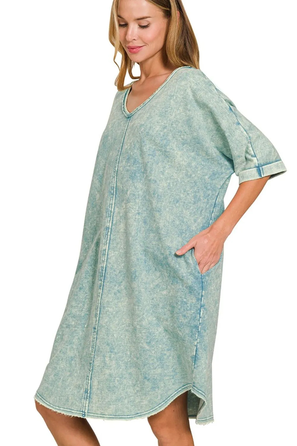 Ash blue Zenana acid-washed French terry tee shirt dress, casual and comfortable for everyday wear.