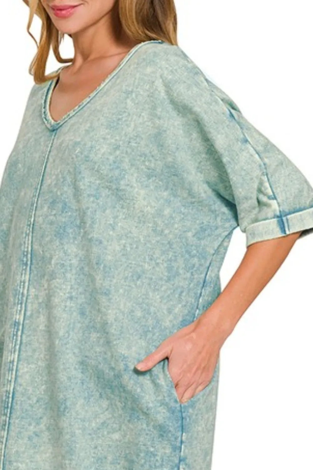 Zenana acid-washed French terry T-shirt dress in ash blue, with a relaxed fit and casual style.