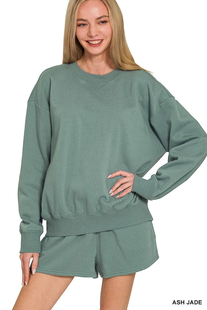 Ash jade Zenana fleece long sleeve sweatshirt and shorts set by Trendsi, featuring a cozy, casual loungewear look.