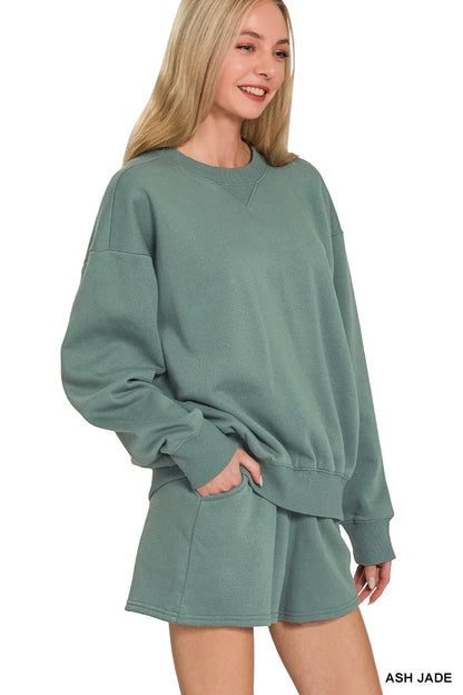Ash jade Zenana fleece long sleeve sweatshirt and shorts set by Trendsi, featuring a cozy, casual loungewear look.