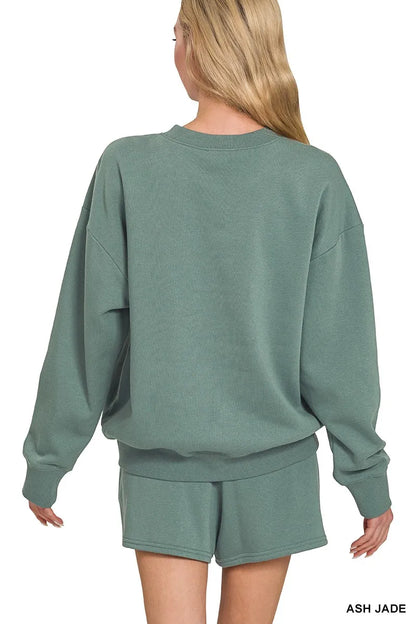 Ash jade Zenana fleece long sleeve sweatshirt and shorts set by Trendsi, shown on a model, cozy and casual loungewear ensemble.