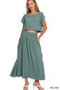 Ash jade Zenana heavy woven span crop tee and matching skirt set, casual and stylish, featuring a crop top and skirt.