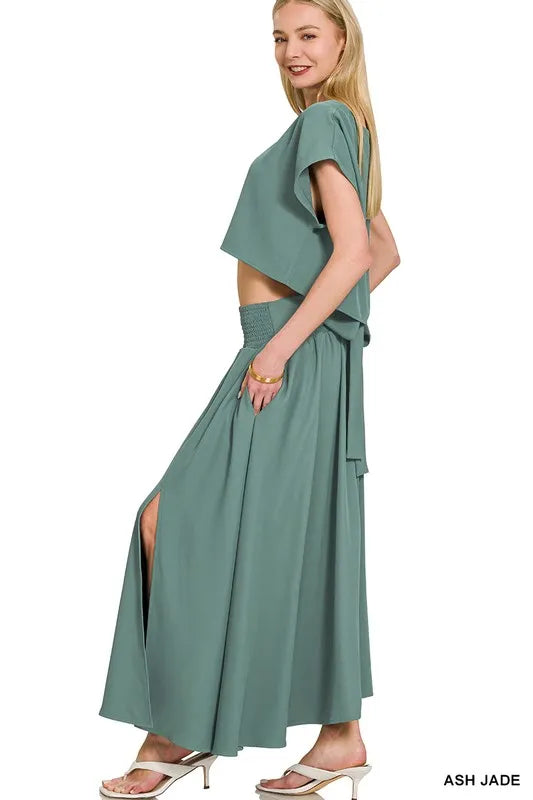 Ash jade Zenana heavy woven span crop tee and matching skirt set, casual and stylish for everyday wear.