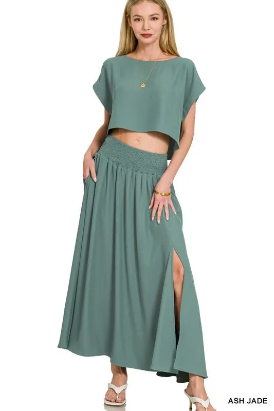 Zenana heavy woven span crop tee and matching skirt set in ash jade by Trendsi, casual stylish outfit, front view.