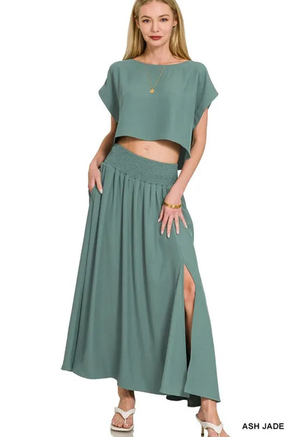 Zenana heavy woven span crop tee and matching skirt set in ash jade by Trendsi, casual stylish outfit, front view.