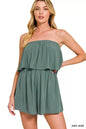 Light green Zenana woven crinkle strapless romper with relaxed fit and adjustable straps, ideal for summer casual wear.