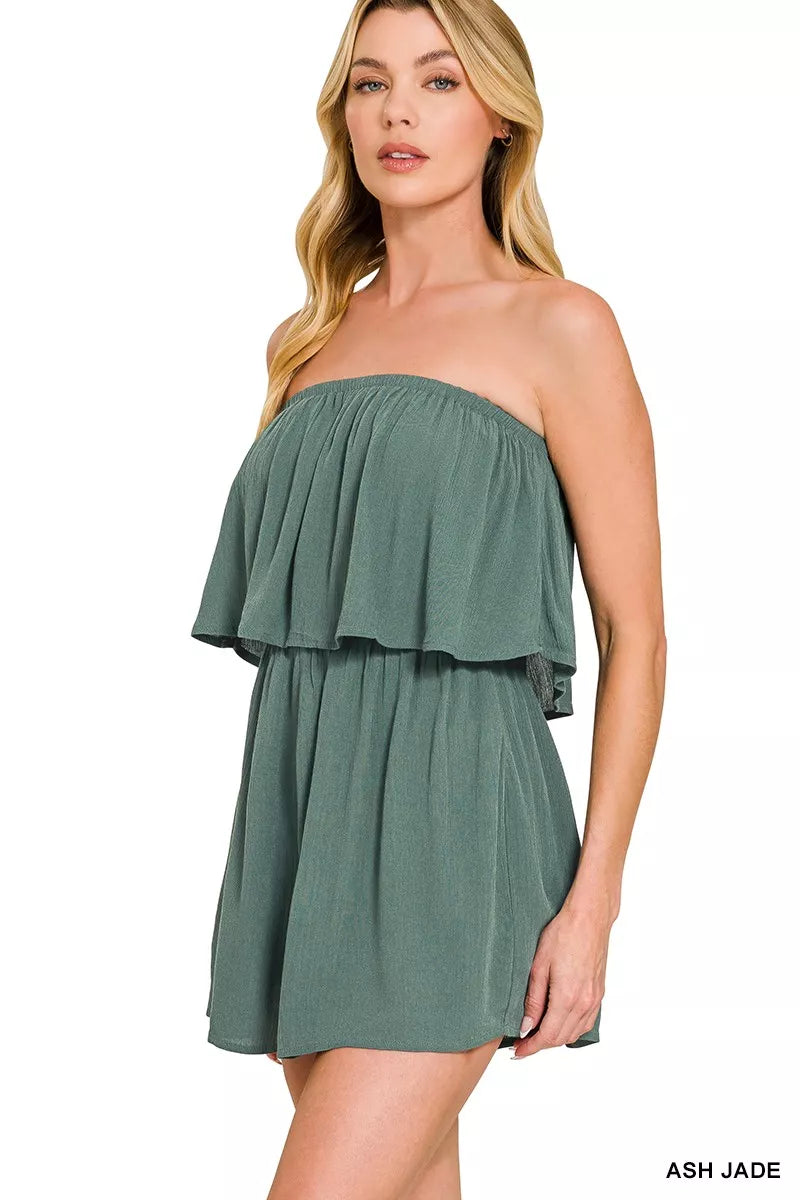 Ash jade Zenana woven crinkle strapless romper by Trendsi, featuring a relaxed fit with textured fabric and stylish strapless design.