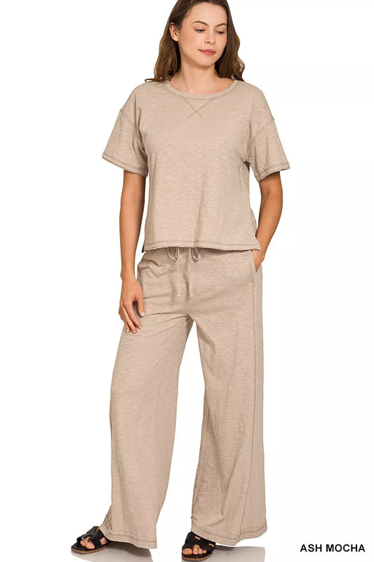 Ash Mocha Zenana cotton slub short sleeve tee and pants set featuring a relaxed fit, soft fabric, and comfortable casual style.