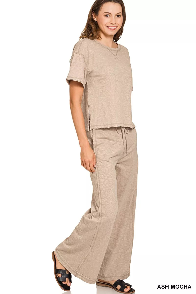 Ash Mocha Zenana cotton slub short sleeve tee and matching pants set, casual loungewear with soft fabric and relaxed fit.