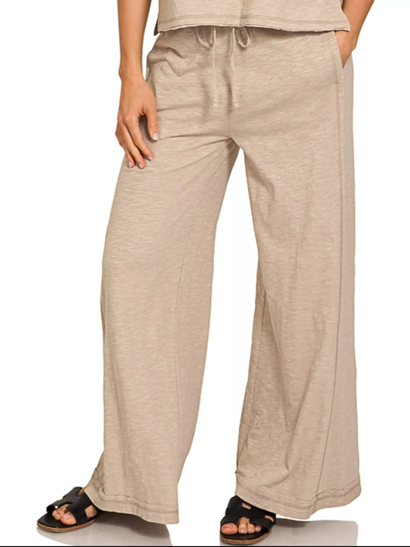 Ash Mocha Zenana Cotton Slub short sleeve tee and matching pants set, casual loungewear, soft fabric, relaxed fit.