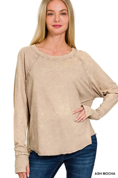 Ash mocha Zenana long sleeve top with crinkle wash and thumb hole cuffs, featuring a relaxed fit and casual style.