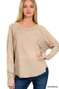 Ash mocha Zenana long sleeve top with crinkle wash and thumb hole cuffs, featuring a relaxed fit and casual style.