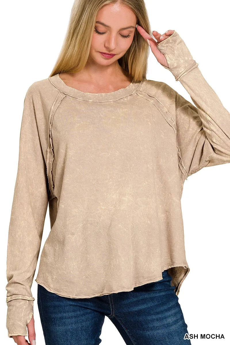 Ash mocha Zenana crinkle washed long sleeve top with thumb hole cuffs, featuring a relaxed fit and stylish detail.
