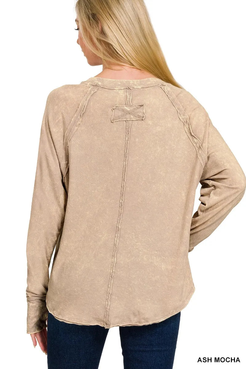 Ash mocha Zenana long sleeve top with crinkle wash finish and thumb hole cuffs, casual and comfortable for everyday wear.
