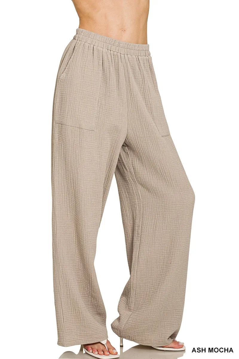 Ash Mocha Zenana double gauze elastic band pants with relaxed fit and comfortable waistband, casual and stylish for everyday wear.