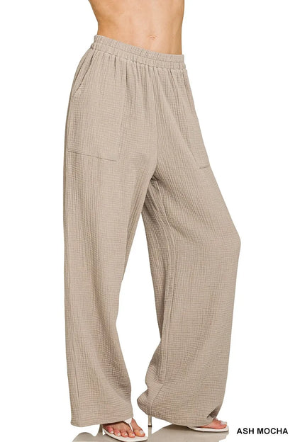Ash Mocha Zenana double gauze elastic band pants with relaxed fit and comfortable waistband, casual and stylish for everyday wear.