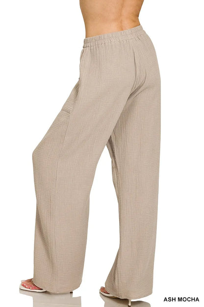 Ash mocha Zenana double gauze elastic band pants featuring a relaxed fit and comfortable waistband, perfect for casual wear.