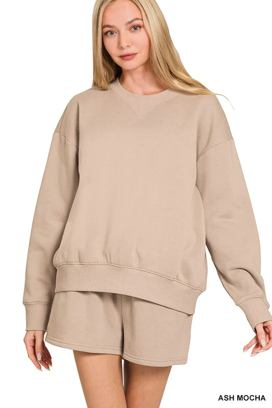 Trendsi Zenana fleece long sleeve sweatshirt and shorts set in ash mocha, cozy casual loungewear for women.