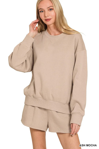 Ash Mocha Zenana fleece long sleeve sweatshirt and shorts set from Trendsi, cozy loungewear with a relaxed fit.