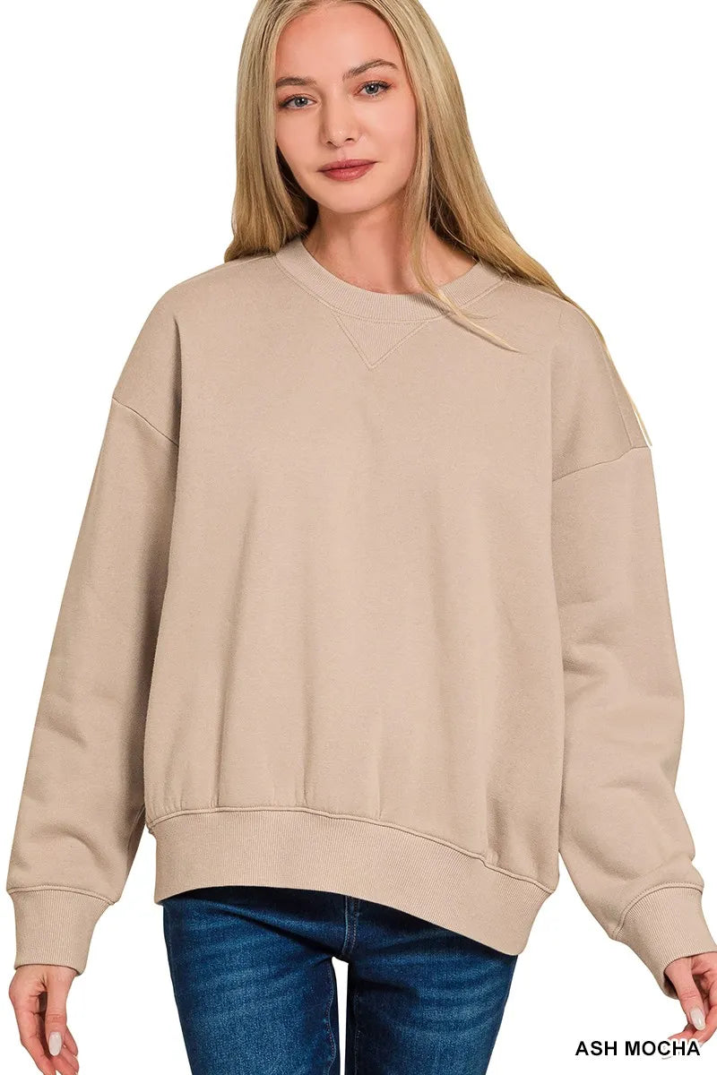 Ash Mocha Zenana fleece long sleeve sweatshirt and shorts set by Trendsi, casual loungewear with cozy fabric and relaxed fit.